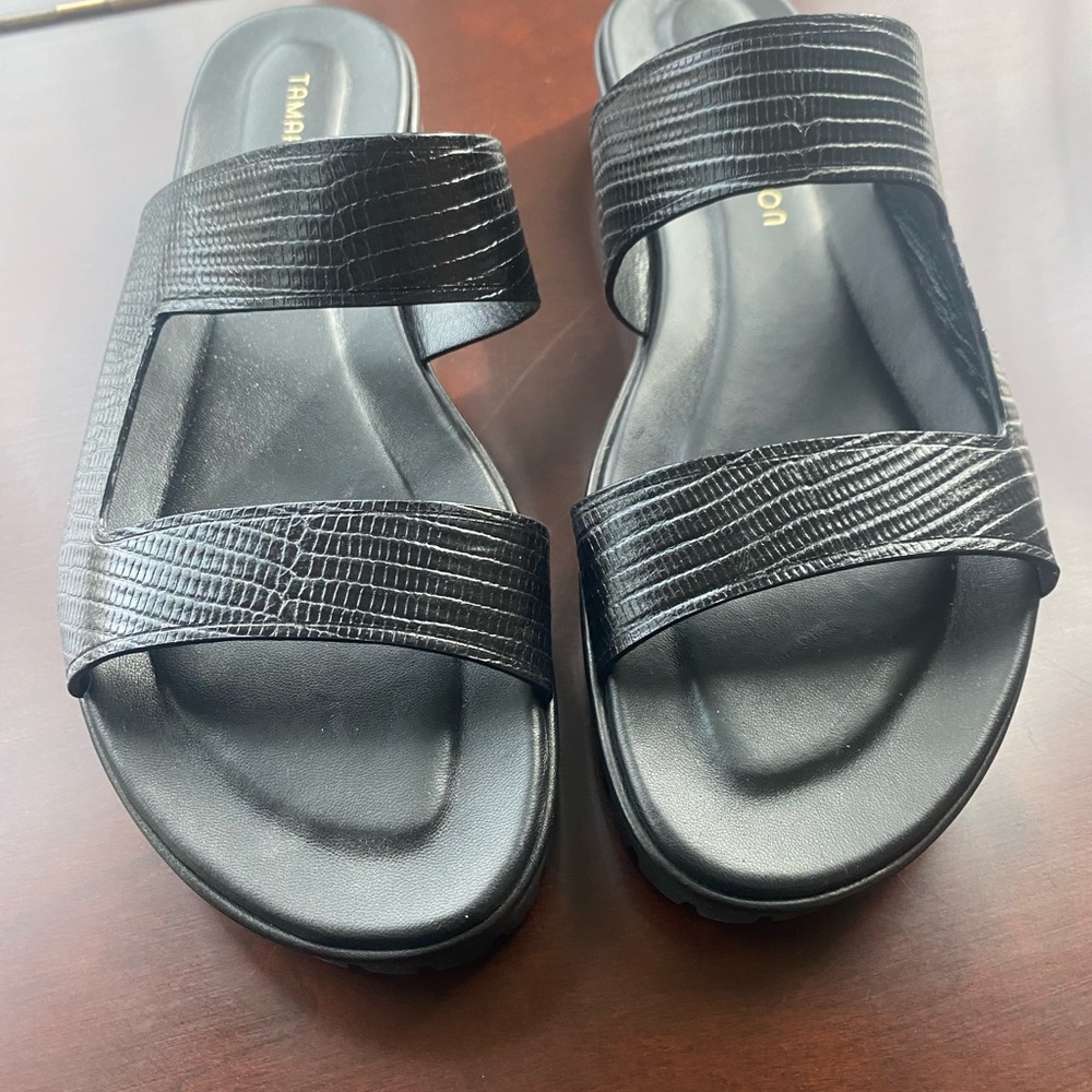 Tamara Mellon Embossed Leather Slides.